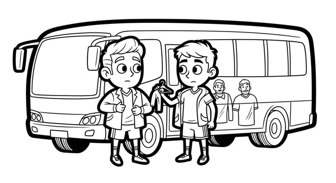 Two cartoon boys boarding a large passenger bus.