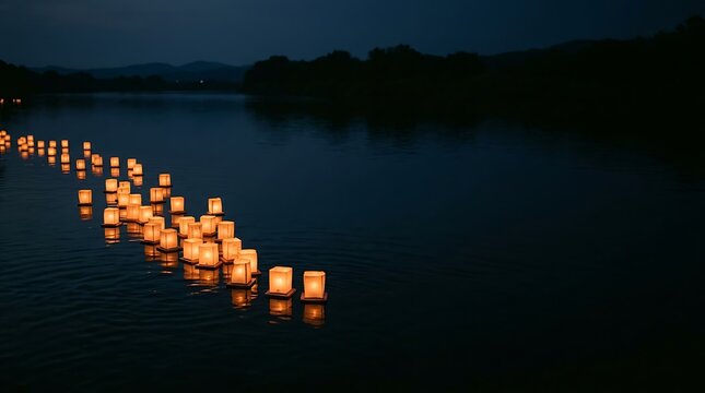 Glowing paper lanterns floating on dark water at night