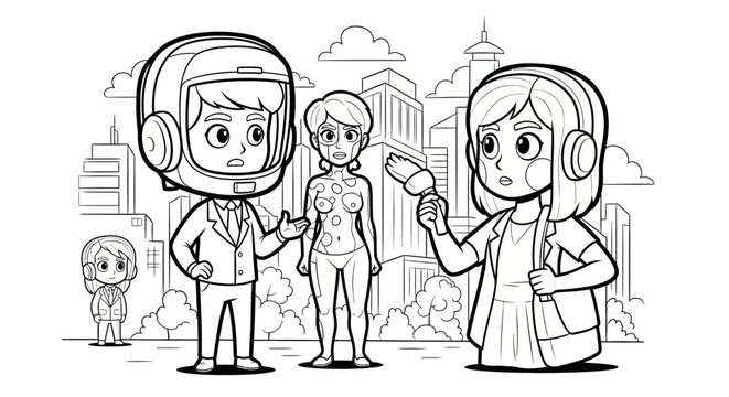 Cartoon characters in futuristic technology communication scene.