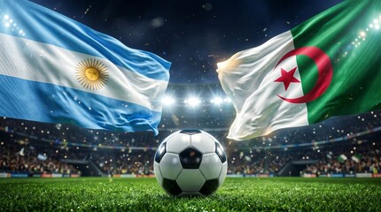 Fototapeta premium Argentina vs algeria soccer match - flags and soccer ball under stadium lights
