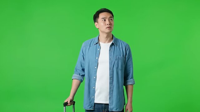 A young Asian man stands with a suitcase, looking upwards with a curious expression on a green screen background, ready for his next journey