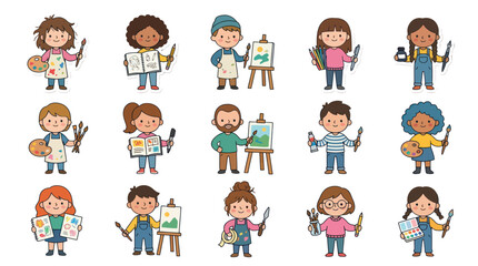 Fototapeta premium Cute Kids Artists with Palettes, Brushes, Easels, Vector Art