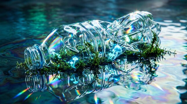 Plastic bottle and moss colonize in rainwater, showing nature's cycle.