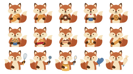 Obraz premium Cute Fox Characters Baking and Holding Pastries, Flat Design Illustration