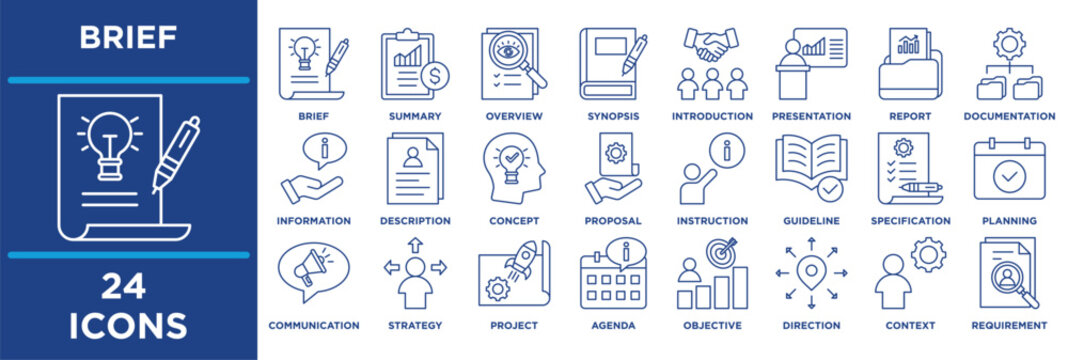 brief icon collection set. Containing summary, overview, outline, synopsis, introduction, presentation, report, documentation, information. outline vector.