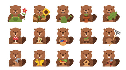 Fototapeta premium Flat Cartoon Beaver Gardening Nature Activities Vector Set - Cute Animal Gardener Illustrations
