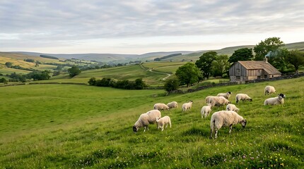 Fototapeta premium Peaceful sheep grazing on a green hillside by a rural cottage