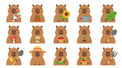 Obraz premium Cute Capybara Garden Icons: Cute Flat Vector Illustrations of Capybaras