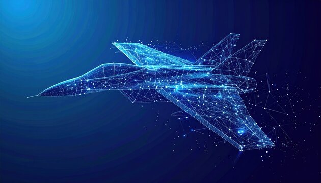 Futuristic blue glowing wireframe aircraft flying upwards.