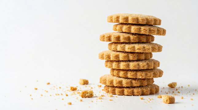 A tall stack of golden-brown, round, shortbread cookies with fluted edges, piled high against a clean white background with scattered crumbs.