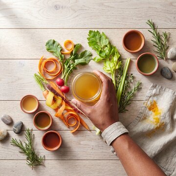Arranging vegetable offcuts and broth in a sustainable culinary flat lay