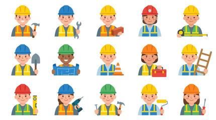 Fototapeta premium Construction Workers Icon Set Flat Design Man Woman Holding Tools