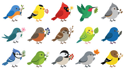 Fototapeta premium Cute Flat Cartoon Nature Birds Collection. Diverse Wild Bird Species Vector Illustration for Children's Education.