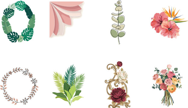 Elegant botanical set featuring tropical leaf wreaths floral bouquets hibiscus bird of paradise eucalyptus and vintage rose ornaments