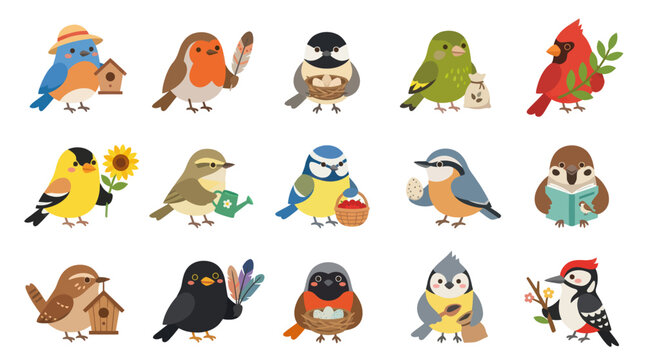 Cute Cartoon Birds Collection Vector Art Flat Illustration