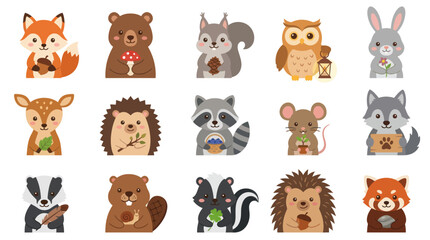 Fototapeta premium Cute Flat Cartoon Woodland Forest Animals Vector Illustration Set for Children's Education Nature Themes