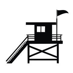 Fototapeta premium Lifeguard tower with flag beach safety station graphic lifeguard silhouette lifesaving vacation
