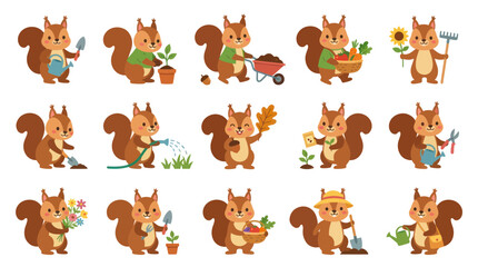 Fototapeta premium Cute Squirrels Gardening and Farming, Flat Vector Art