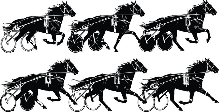 Harness Racing Horse Silhouettes Collection with Trotting Horses and Sulky Carts Vector Illustration Set for Equestrian Sport and Racing Design