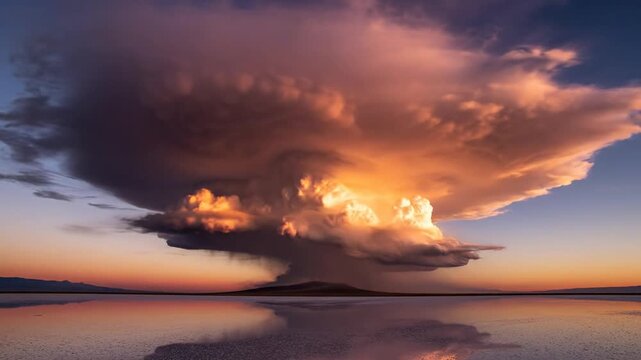 Dramatic supercell cloud reflecting on still water at sunset