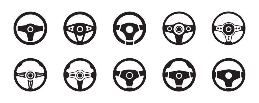 Set of black steering wheel silhouettes for automotive design isolated on a transparent gray background.