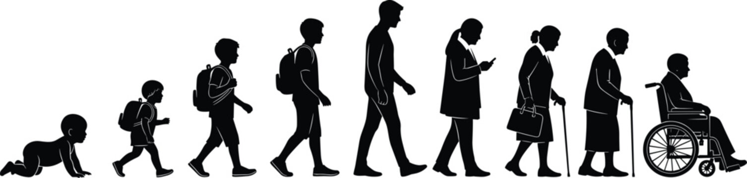 Human Life Cycle Silhouettes from Baby to Elderly Person Including Walking, Aging, and Wheelchair Stages Vector Illustration for Growth and Life Concept Design