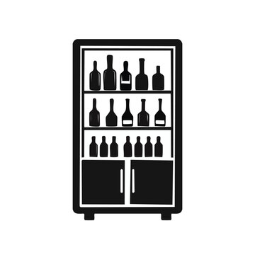 Black and white silhouette icon of a cabinet filled with various bottles for bar or restaurant