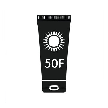 Sunscreen lotion tube icon with sun symbol and 50f protection rating sunscreen protection