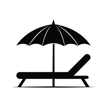 Black silhouette icon of beach lounge chair and sun umbrella for summer vacation with umbrella