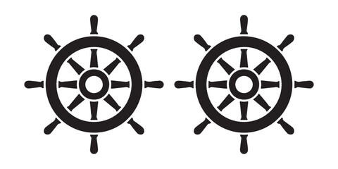 Marine steering helm icons for maritime navigation and nautical ship themes in black line art flat design. © Labib