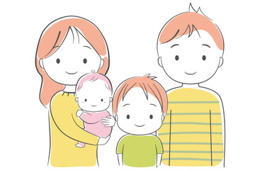 Obraz premium 赤ちゃんを抱っこした母親と父親、男の子の4人家族