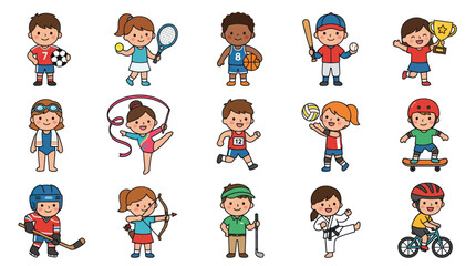 Fototapeta premium Kids Sports Characters Flat Cartoon Vector Illustration Set