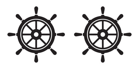 Nautical steering wheel symbols in black flat style for marine navigation maritime design and ship themes. © Labib