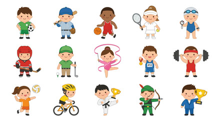 Fototapeta premium Flat Cartoon Vector Illustration of Kids Playing Diverse Sports, Athletes, and Physical Activities