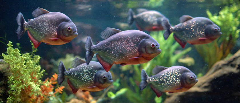 A school of red-bellied piranhas swims inside an aquarium, surrounded by lush green aquatic plants and colorful coral reefs. Animal background illustration.