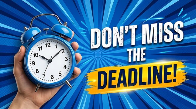 Urgent countdown alarm clock held by hand urging to act now, don't miss the deadline with dynamic blue radial background