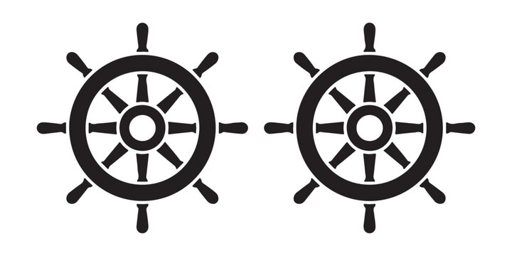 Marine steering helm icons for maritime navigation and nautical ship themes in black line art flat design.