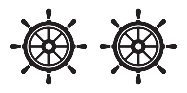Nautical steering wheel symbols in black flat style for marine navigation maritime design and ship themes.
