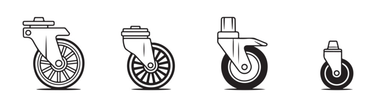 Industrial caster wheels set for furniture trolley carts and heavy equipment hardware in thin outline art.