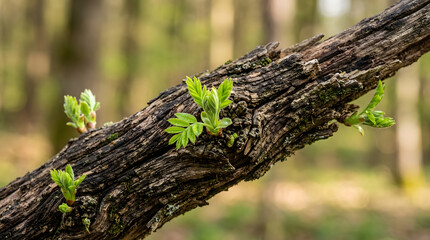 Obraz premium Fresh green buds sprouting from old weathered tree branch in spring