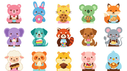 Obraz premium Cute Cartoon Animals Eating Desserts Flat Vector Illustration Set for Kids and Food Concepts