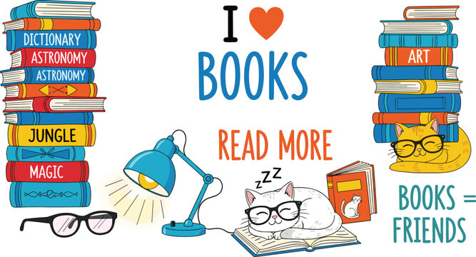 Reading Books Concept Illustration with Cute Cat, Book Stacks, Lamp, and Educational Elements Colorful Vector Design for Learning, Library, and Study Inspiration