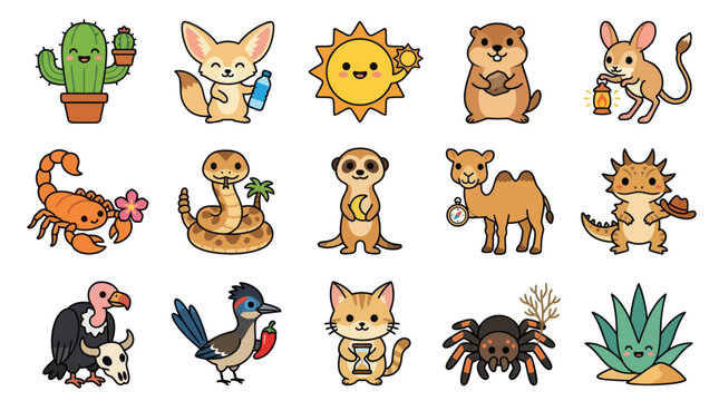 Cute Cartoon Desert Animals and Plants Vector Illustration Set. Adorable Wildlife Icons Collection.