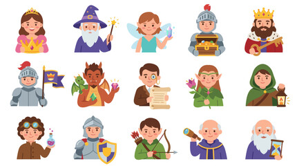 Fototapeta premium Flat Cartoon Fantasy Character Avatars. Medieval, RPG, Fairy Tale People Icons Set Vector Illustration.