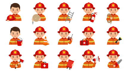 Obraz premium Flat Design Firefighter Characters Vector Illustration Set with Emergency Rescue Service Equipment