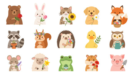 Obraz premium Adorable Flat Vector Cartoon Nature Animals Set with Spring Flowers and Gardening Tools