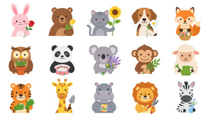 Fototapeta premium Cute Flat Cartoon Animals Gardening Set with Flowers, Plants, and Tools Vector Illustration
