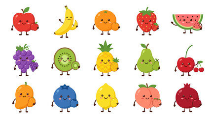 Obraz premium Cute Kawaii Fruits Characters Set, Vector Flat Style, Food Icons