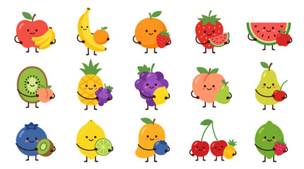 Obraz premium Cute Cartoon Flat Vector Fruit Characters Collection for Kids, Food Healthy Lifestyle Industry