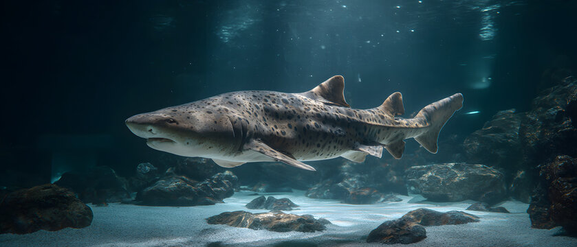 A large gray and white shark swims inside an aquarium. An illustration of an animal in the water.